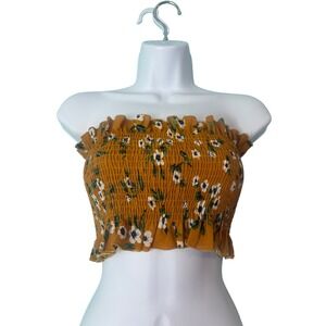 Zaful Mustard Yellow Floral Smocked Tube Crop Top Ruffle Small Festival Boho